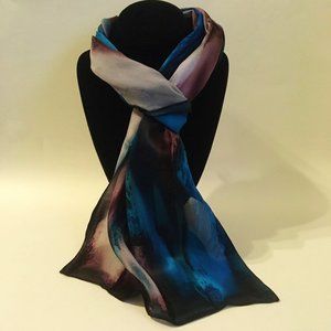 Hand Painted Silk Scarf Silver Turquoise Plum Purple Oblong Head Neck New Gift